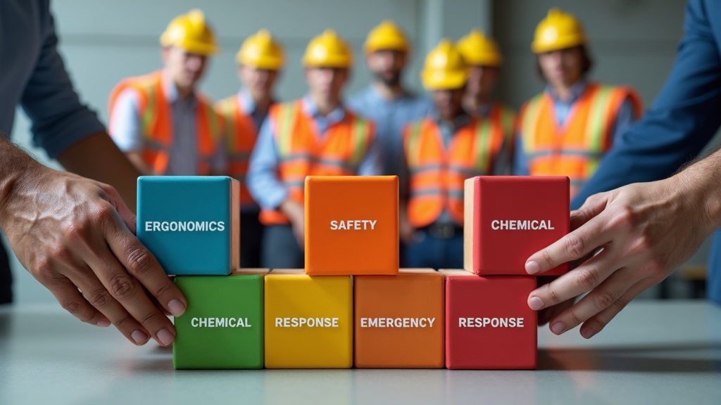 Visualize training as building blocks. Show diverse hands collaboratively placing blocks labeled with training topics (e.g., 'Ergonomics', 'Chemical Safety', 'Emergency Response') to construct a strong safety wall protecting workers depicted behind it. Headline: 'Building a Safer Workplace Together Through Training'.