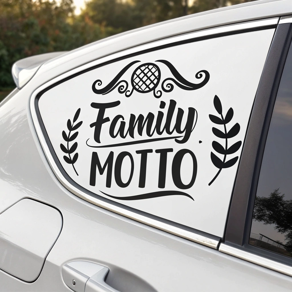 A custom car sticker displaying a family motto or inside joke.