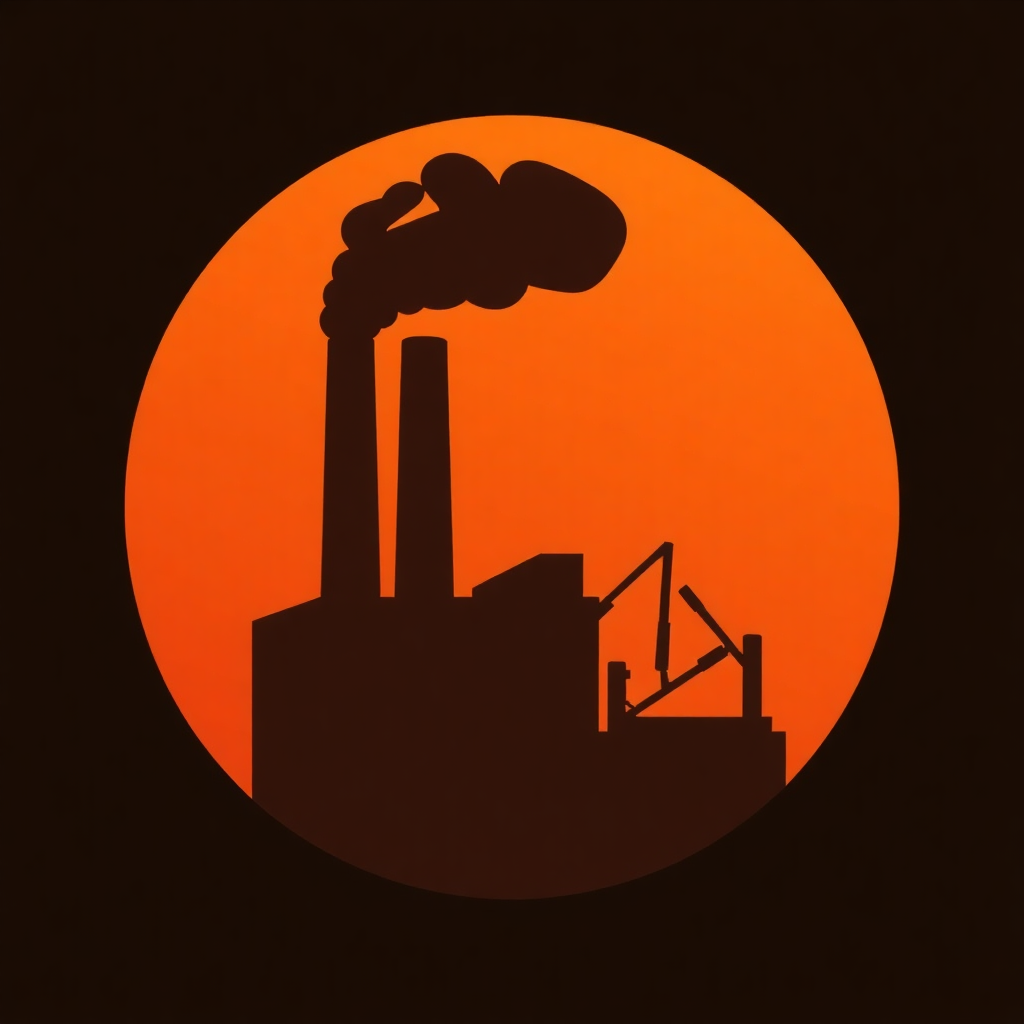 The image is a circular orange circle with a black background. In the center of the circle, there is an illustration of a factory with two tall chimneys emitting smoke into the sky. The chimneys are black and the smoke is billowing out of them. On the right side of the image, there are several cranes and other industrial equipment. The overall color scheme of the illustration is orange and black.