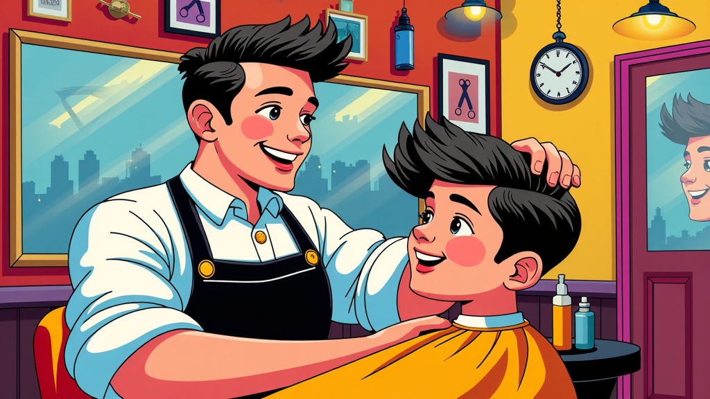  a barber cutting a young boy's hair in a barbershop. The barber is wearing a blue apron and is standing behind the boy, who is sitting in a chair with his back to the camera. The boy is smiling and appears to be enjoying the haircut. The background of the image is a colorful barber shop with various barber tools and equipment hanging on the walls. There is a clock and a mirror on the wall, and a window with a view of a city skyline. The overall style of the illustration is cartoon-like and playful.