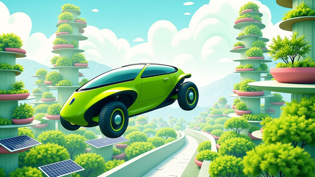 Symbiotic Cityscape Illustration: Depict sleek, nature-inspired robotaxis seamlessly moving through a futuristic green city with vertical gardens and solar-paneled buildings, emphasizing harmony between technology and nature.