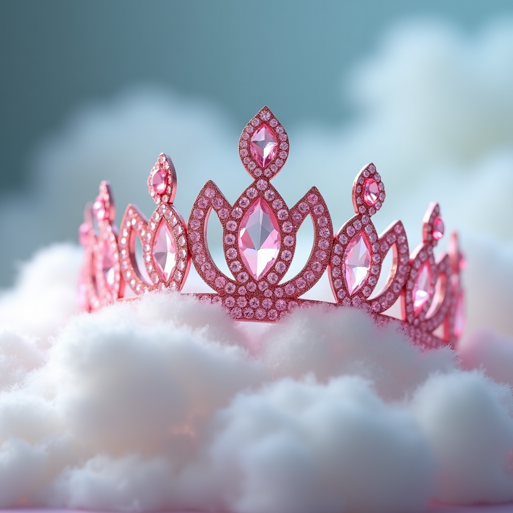 A delicate princess crown crafted with pink crystals, set on a fluffy white cloud backdrop, emphasizing innocence.