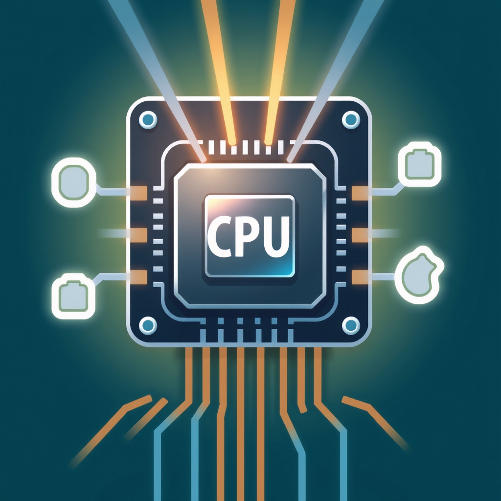 A central processor unit (CPU) icon emitting beams or lines towards simple object outlines, indicating analysis and identification.