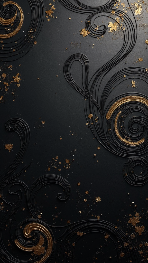 The image shows a black background with gold swirls, creating a luxurious and elegant look. The gold color stands out against the dark background, making it the focal point of the image. The swirls are intricate and detailed, adding a touch of sophistication to the overall design.