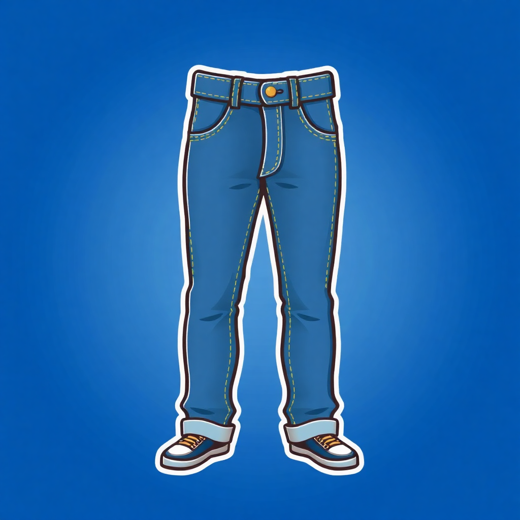 The image is a digital illustration of a pair of blue jeans. The jeans are a light blue color and have a straight leg fit. They have a button and zipper closure at the waist and two pockets on the front. The legs are slightly tapered at the ankles and are wearing black and white sneakers. The background is a solid blue color. The overall style of the illustration is simple and cartoon-like.