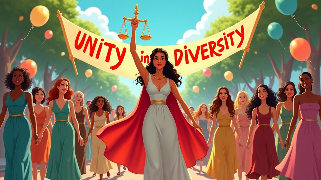 A dynamic cartoon scene where Lady Justice gallantly leads a parade of diverse individuals, her scales held high above a spectrum banner representing unity in diversity.