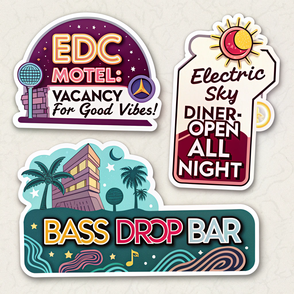 Retro Neon Signage Sayings: Design stickers that mimic classic retro neon signs, but with popular EDC/rave sayings. Examples: 'EDC MOTEL: Vacancy (for Good Vibes),' 'Electric Sky Diner: Open All Night,' or 'Bass Drop Bar.' Use glowing neon fonts and dark backgrounds.