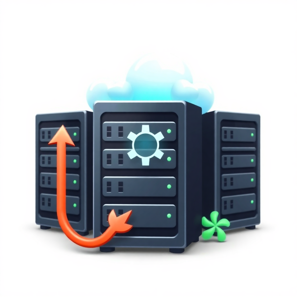  three black servers with green and orange arrows pointing upwards. The servers are arranged in a triangular formation, with the largest server in the center and two smaller servers on either side. Above the servers, there is a blue cloud with a white sun symbol on it. The background is white. The image appears to represent the concept of data storage and cloud computing.