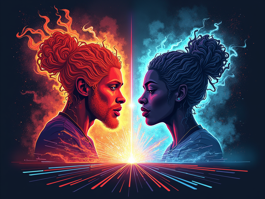 Abstract Energy Merge: Two distinct abstract energy forms, one perhaps angular and fiery for Kendrick, the other fluid and cool-toned for SZA, shown dynamically merging or colliding, creating a burst of new colors and patterns. Sound waves emanate from the point of impact.