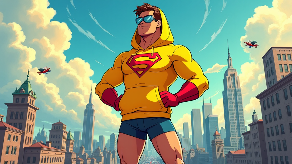 Cartoon superhero hoodie in yellow, with detailed cityscape background drawn in comic style.