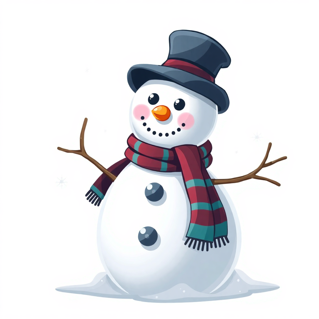 The image shows a cartoon snowman wearing a top hat and scarf, standing in the snow with a white background.