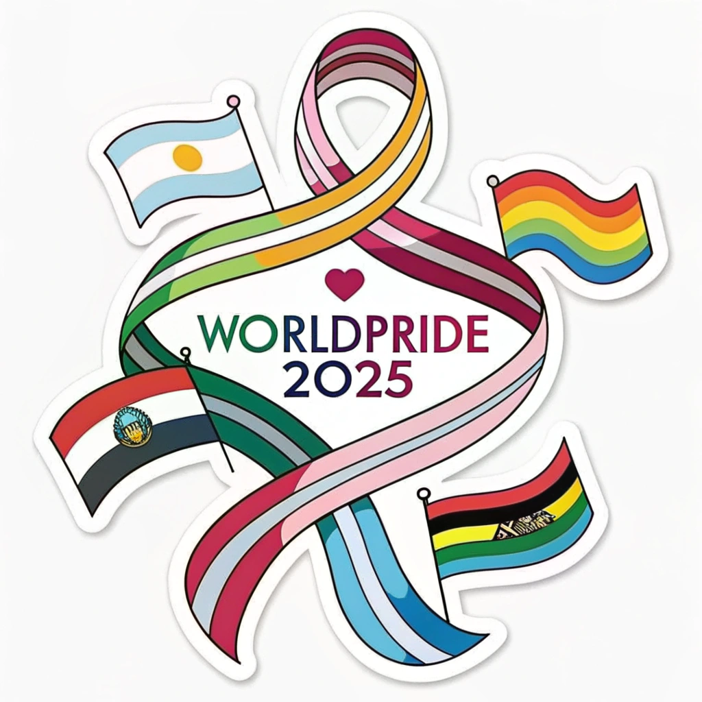 Sub-design 2: Intertwined Flag Ribbons - Dynamic ribbons representing various LGBTQ+ flags (e.g., progress pride, trans, bi, lesbian, non-binary) intertwine and flow together, perhaps forming a stylized globe or an abstract, unified knot. Include 'WorldPride 2025'.
