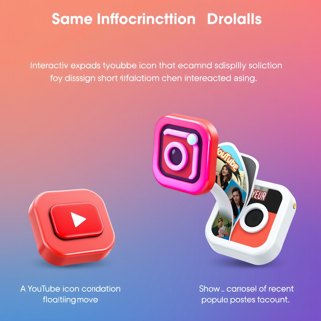 Sub-Design Idea 2 (Dynamic Information Display): Interactive 3D icons that expand or morph to display snippets of information when interacted with. A YouTube icon could transform into a mini floating screen playing a short preview, or an Instagram icon could unfurl to show a carousel of recent popular posts from a linked account.