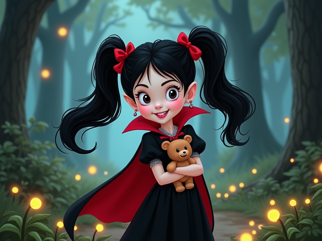 The image is a digital illustration of a young girl dressed up as a vampire in a forest. She is wearing a black dress with a red cape and a red bow on her head. She has long black hair styled in two pigtails with red bows on top. The girl is holding a teddy bear in her arms and is smiling at the camera. The background is filled with trees and bushes, and there are fairy lights hanging from the trees. The overall mood of the image is magical and whimsical.