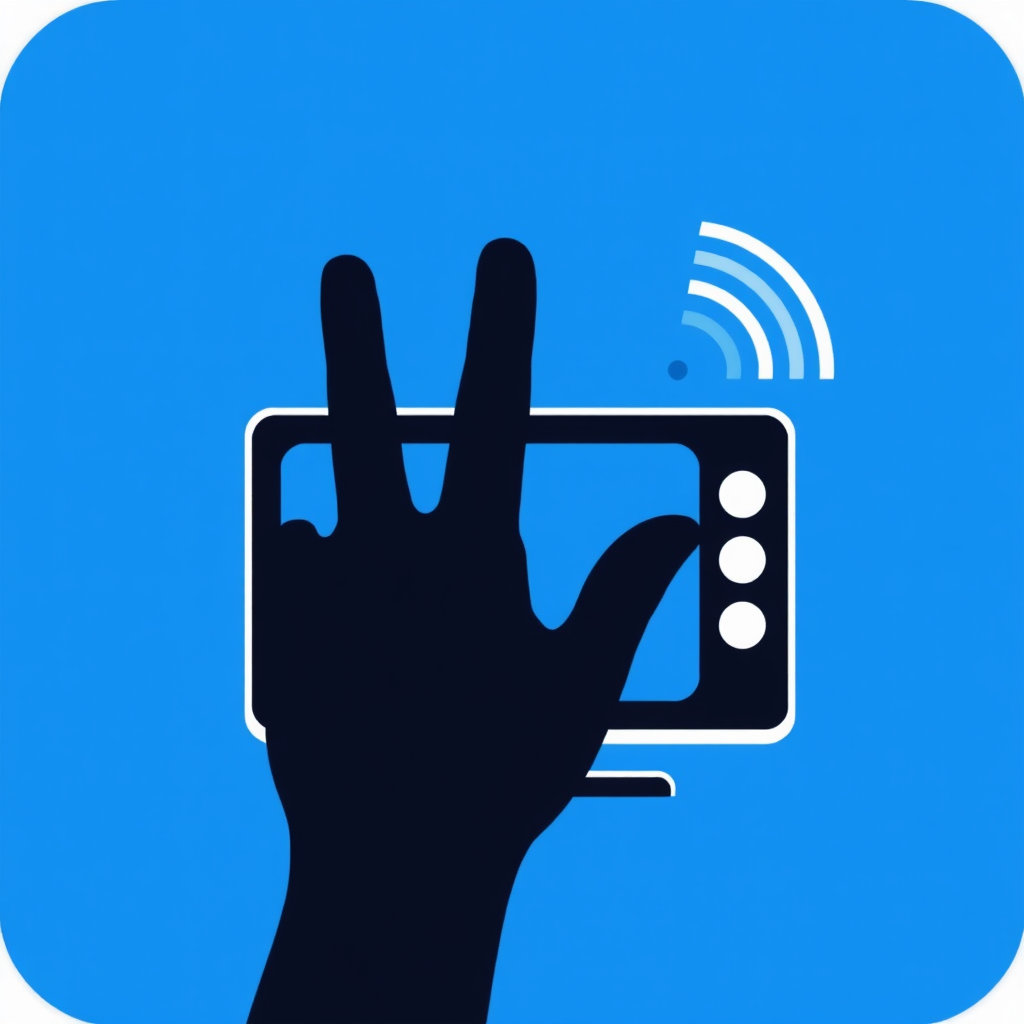 A hand silhouette performing a swipe gesture, emitting a signal towards a TV screen icon.