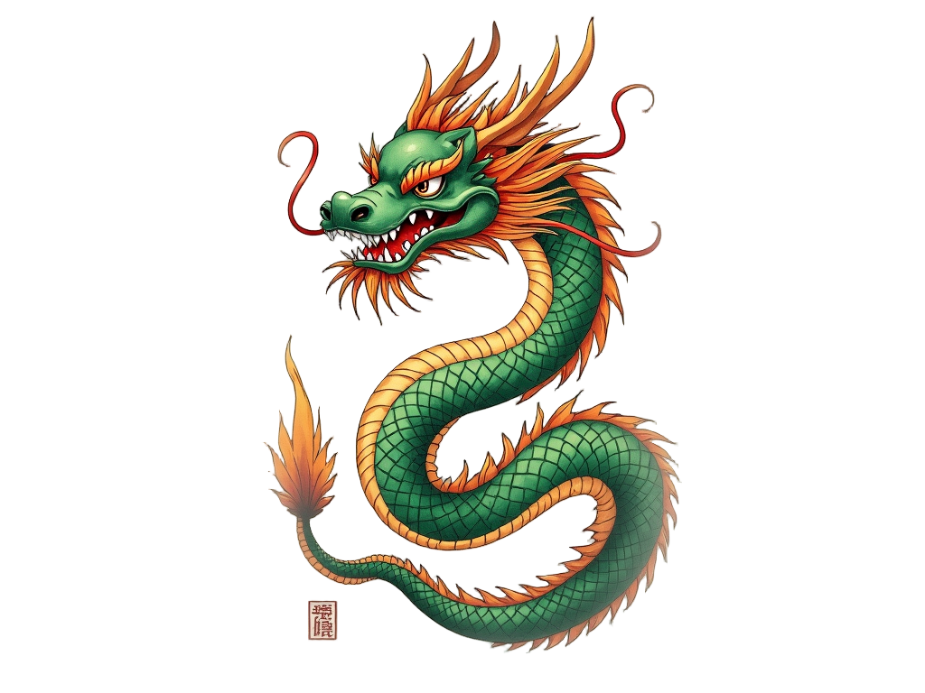 A graceful Asian dragon tattoo, coiled elegantly around the forearm, its flowing whiskers and slender body giving a sense of spiraled movement and ancient wisdom.