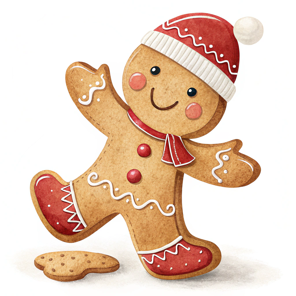 The image shows a gingerbread man wearing a red hat and scarf, with a white background. He is holding a cookie in his hand, and there is a watermark in the bottom right corner of the image.