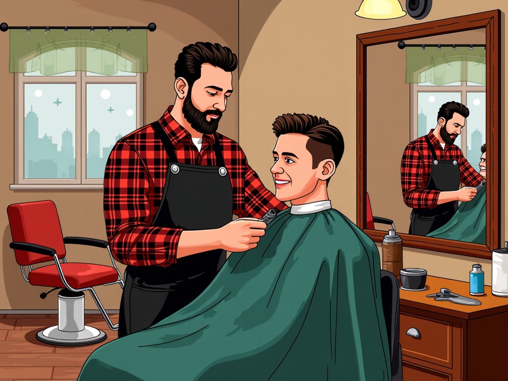  a barber cutting a young man's hair in a barbershop. The barber is wearing a red and black checkered shirt and a black apron. He is standing behind the barber, holding a pair of scissors and a comb. The young man is sitting in a chair with a green cape draped over his shoulders. He has a big smile on his face and is looking at the barbers. In the background, there is a window with a view of a city skyline. On the right side of the image, there are shelves with hair products and a mirror.