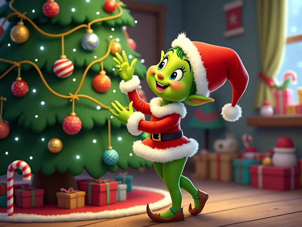  a cartoon Christmas elf standing in front of a large Christmas tree. The elf is wearing a red and white Santa hat with a white pom-pom on top and a red belt around its waist. It has a big smile on its face and is waving its hand in a friendly gesture. The tree is decorated with colorful ornaments and lights, and there are several gift boxes and candy canes scattered around the room. The room has a wooden floor and a window with a curtain in the background. The overall mood of the image is cheerful and festive.