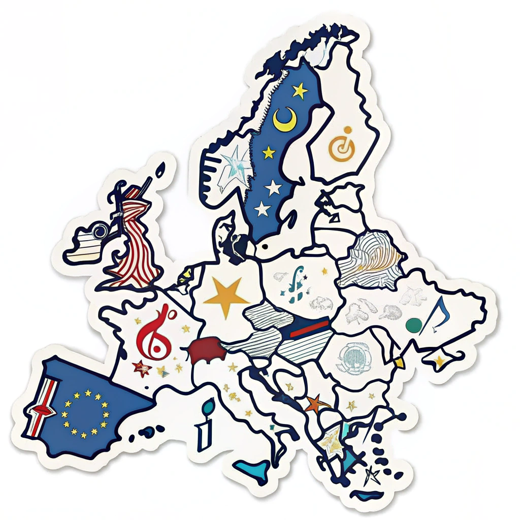 A sticker showing the EU map formed by various music symbols.