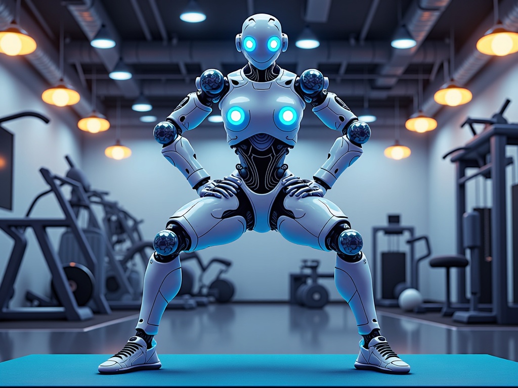  a robot in a gym. The robot is standing on a blue mat and is in a crouching position with its arms stretched out in front of it. It has a white body with blue eyes and a blue head. Its arms are crossed over its chest and its legs are bent at the knees. In the background, there are various exercise equipment such as treadmills, elliptical machines, and weights. The gym has a high ceiling with hanging lights. The overall color scheme of the image is blue and white.