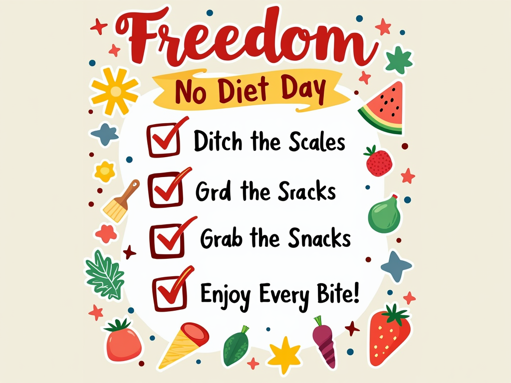 An image of a 'freedom checklist' for International No Diet Day: a ticked box next to 'Ditch the Scales,' a ticked box next to 'Grab the Snacks,' and perhaps a third ticked box next to 'Enjoy Every Bite!' with small, playful doodles of food items around the checklist.