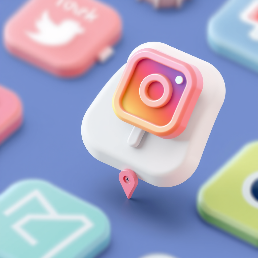 Specific AR Icon Design - 3D & Contextualized: Each social media icon (e.g., Twitter bird, Instagram camera) is rendered as a clean 3D object with subtle animation (gentle hover/rotation). A small, stylized 'AR' glyph or miniature 'map pin' is integrated into its base or as a faint aura, indicating its augmented and geo-located nature while maintaining brand recognizability.