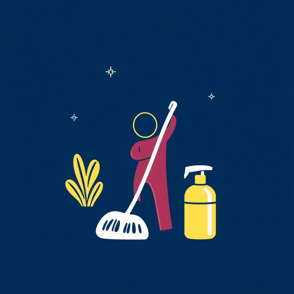 The image is an illustration of a person cleaning the floor with a broom and a spray bottle. The background is a dark blue color with small white stars scattered around. The person is wearing a red outfit and is holding the broom with both hands. Next to the person, there is a yellow plant with long, thin leaves. The spray bottle is yellow and has a spray nozzle. The overall style of the illustration is simple and minimalistic.