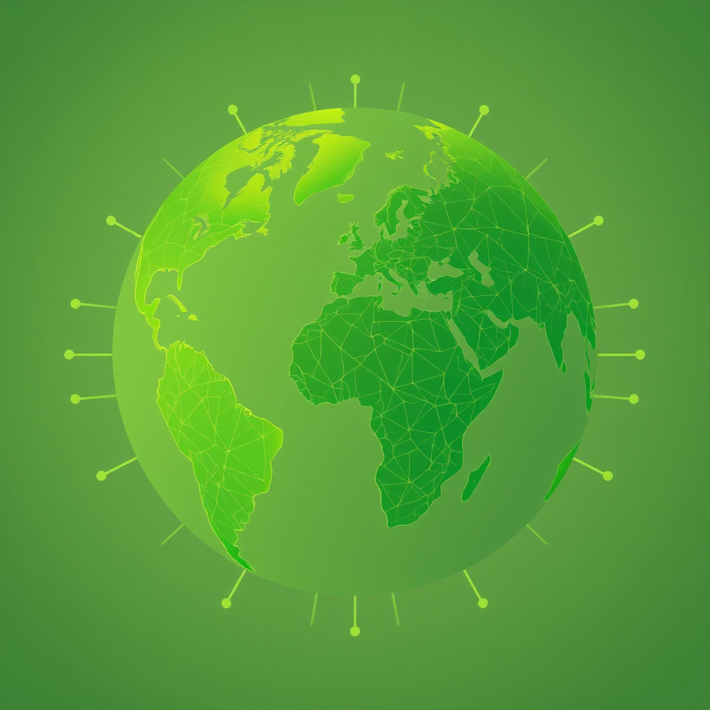 Circuit Leaf Globe: A vector globe where continents are subtly depicted by green leaf patterns, and the lines of latitude/longitude are replaced by clean, modern circuit traces. This symbolizes global technological support for sustainability.