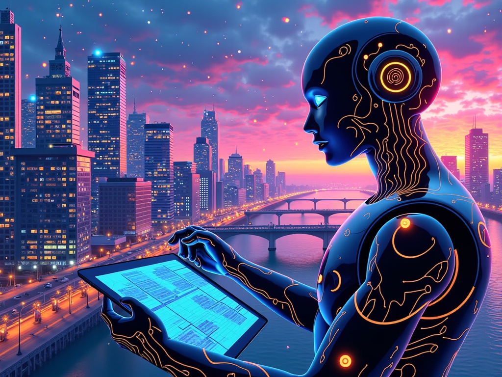 Visual metaphors of the AI as a conscious urban designer or a 'genesis engine,' shaping cities through visible data streams, evolving algorithms, and emergent, complex patterns.