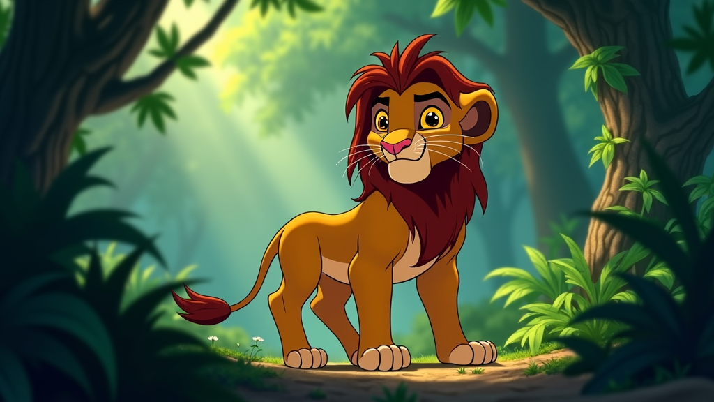 A slightly mischievous lion, perhaps a young Scar-like character, with a thin mane and a sly grin, standing in the shadows.