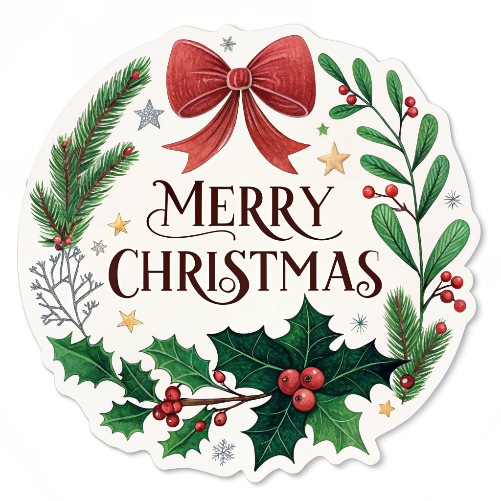 The image shows a merry christmas sticker with holly leaves and a red bow, set against a white background. The sticker features a painting of leaves, fruits, and stars, with the words 