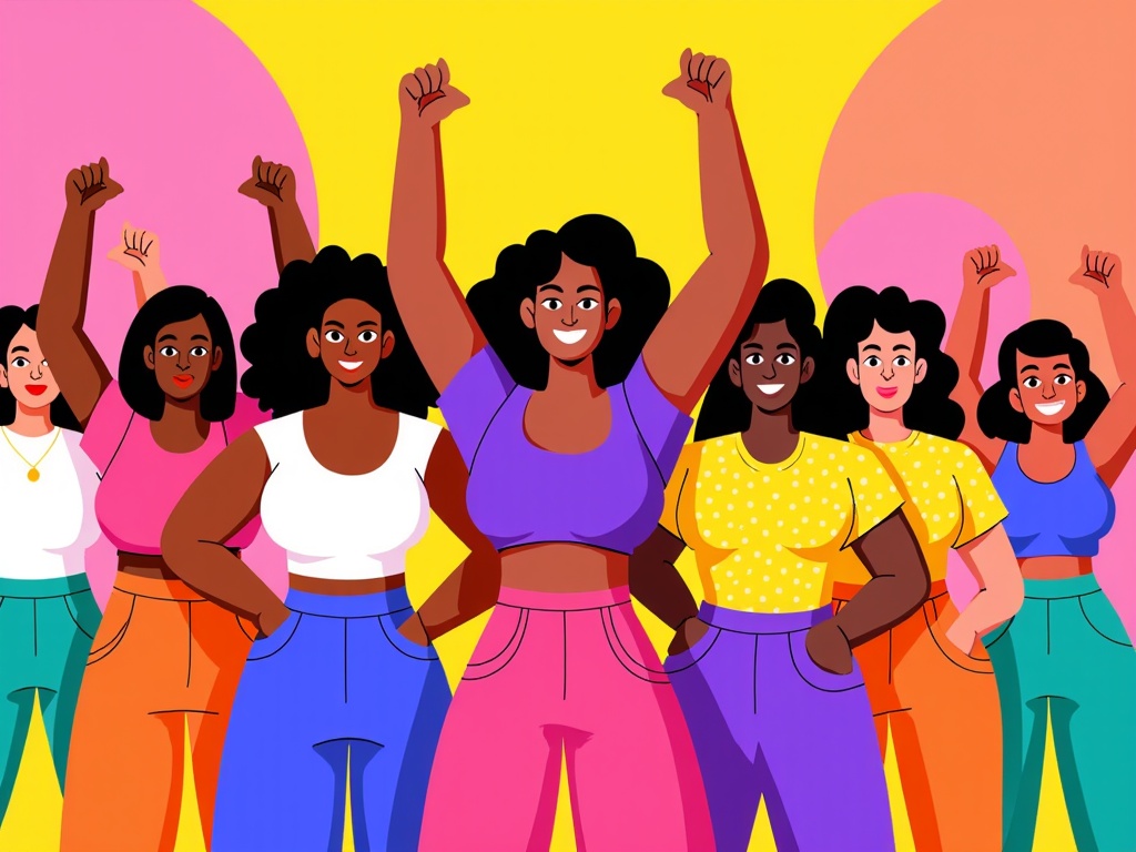 A group of diverse women standing together, arms raised in solidarity, with a bold and empowering color palette.