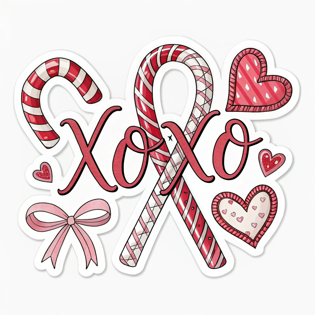 A sticker with a stylized 'XOXO' where the 'X's are made of intertwined ribbons or candy canes, and the 'O's are heart-shaped.