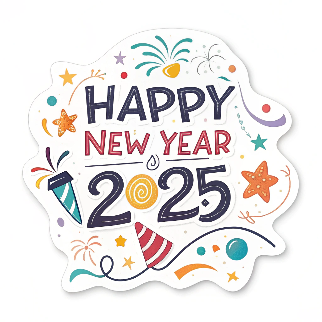 The image shows a colorful sticker with the words Happy New Year 2025 written in bold, festive font, surrounded by a variety of colorful decorations such as stars, confetti, and streamers. The sticker is perfect for adding a festive touch to any celebration of the new year.