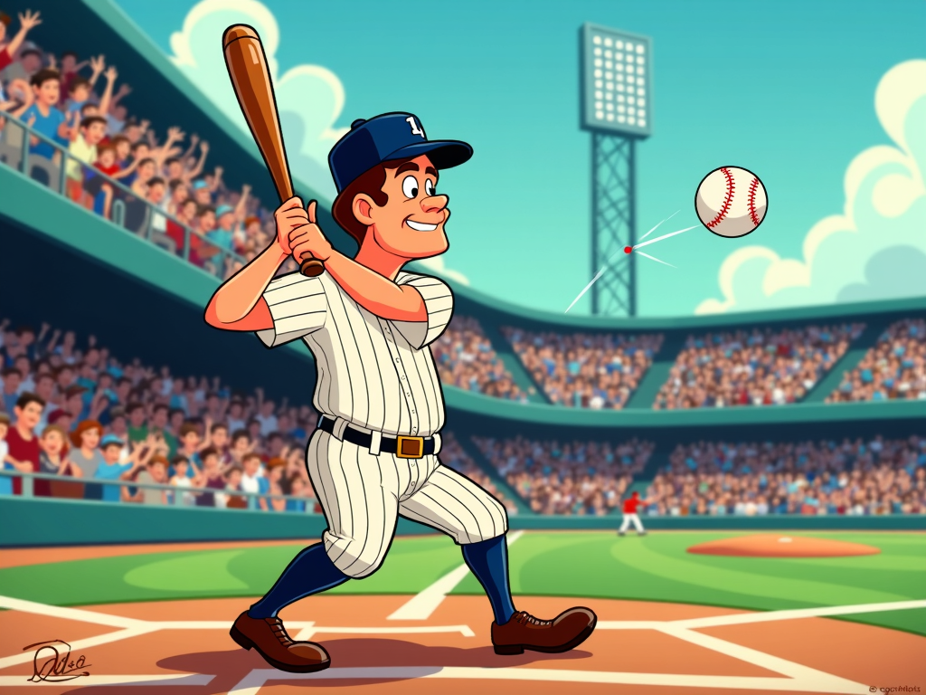 A dynamic action shot: Babe Ruth mid-swing, the bat a blur, connecting with the ball. A visible 'tracer' line shows the ball's trajectory arcing perfectly towards the spot he indicated, perhaps with a small 'X marks the spot' in the distance.