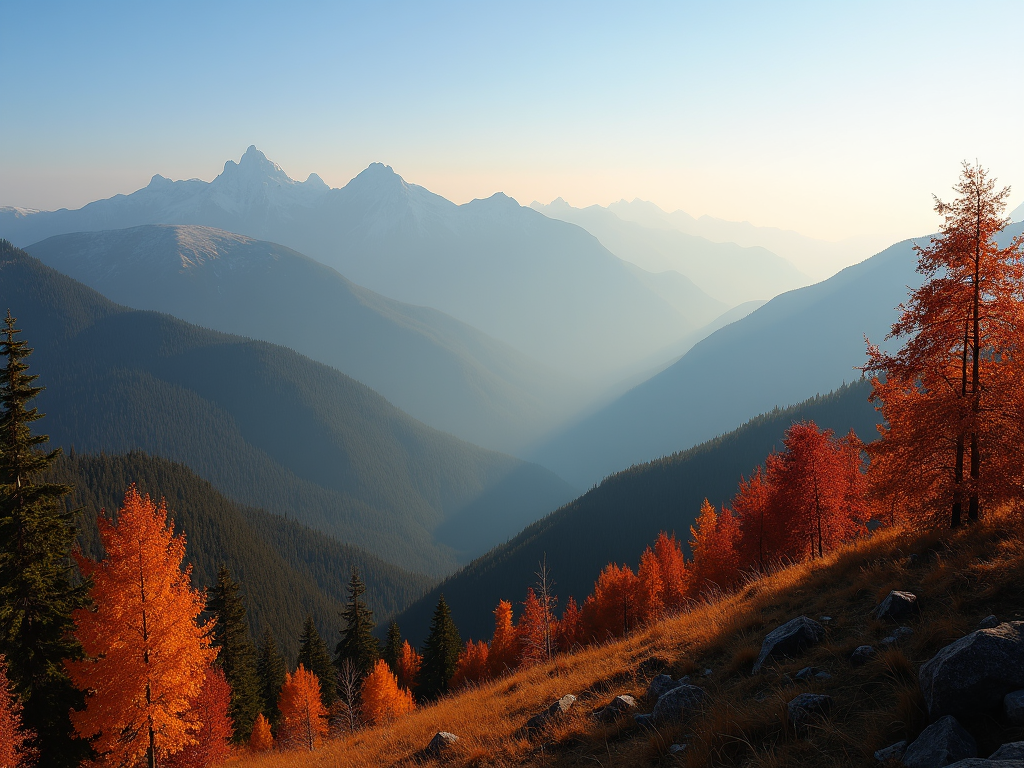 A mountain horizon at first light, with trees transitioning from green to orange and red.