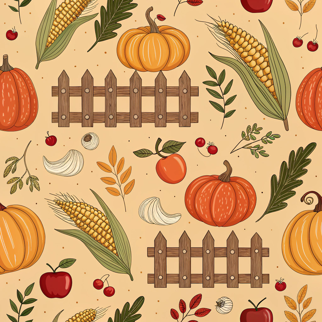 Thanksgiving pattern capturing a warm harvest scene with detailed motifs: pumpkins, gourds, corn sheaves, and apples, all interspersed with rustic fencing motifs. Set on a muted orange base, it brings together traditional autumn harvest symbols, invoking warmth and the richness of the season.