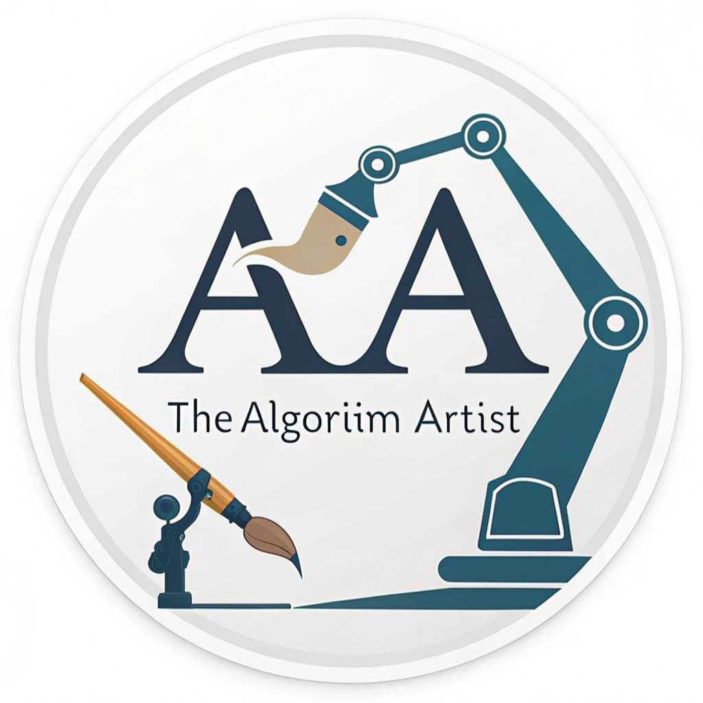 Simple Logo Idea: The initials 'AA' (for Algorithm Artist) where a slender robotic arm forms one 'A' and a classic paintbrush forms the other 'A', intersecting neatly. The full text 'The Algorithm Artist' sits below in a clean, modern sans-serif font.