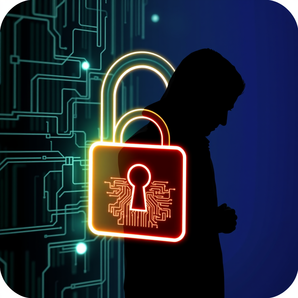 Contained Silhouette in Digital Lock/Barrier: A dark silhouette of a threat actor visibly trapped or blocked by a stylized, glowing digital lock symbol, a transparent data cube with circuit patterns, or a clear digital barrier, symbolizing containment.