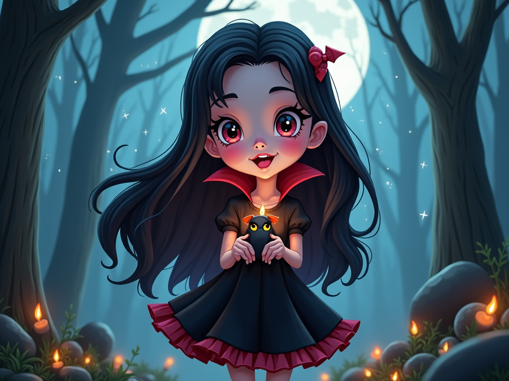 The image is a digital illustration of a young girl with long dark hair and a red bow on her head. She is standing in a dark forest with tall trees and a full moon in the background. The girl is wearing a black dress with a red collar and a pink tutu skirt. She has a big smile on her face and is holding a small black cat in her hands. The cat is looking up at the girl with a curious expression. The overall mood of the image is eerie and mysterious.