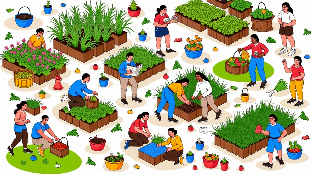 An overhead view of a community garden or urban farm. Show diverse people of all ages tending to plants, harvesting food, and sharing produce. Highlight the community aspect and the integration of food production into local spaces.