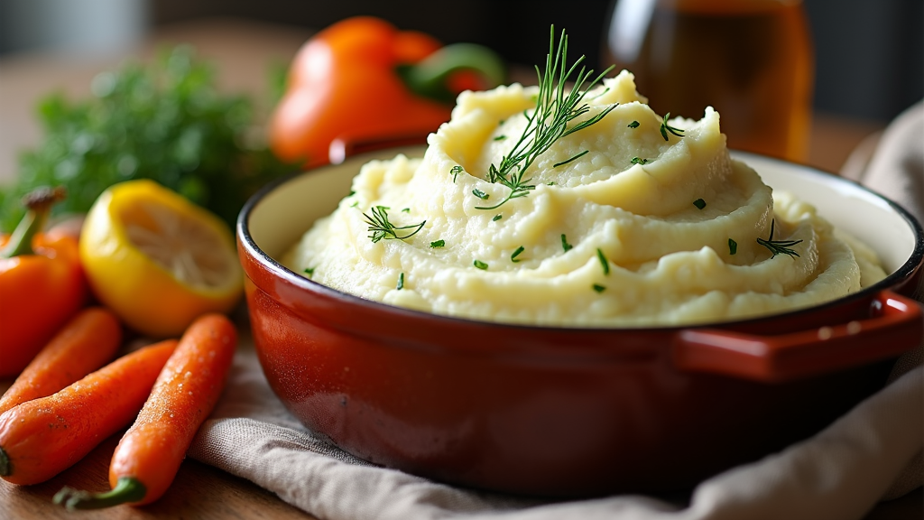 A comforting sight of mashed potatoes adorned with flecks of dill, served alongside roasted vegetables in a family-style serving dish.