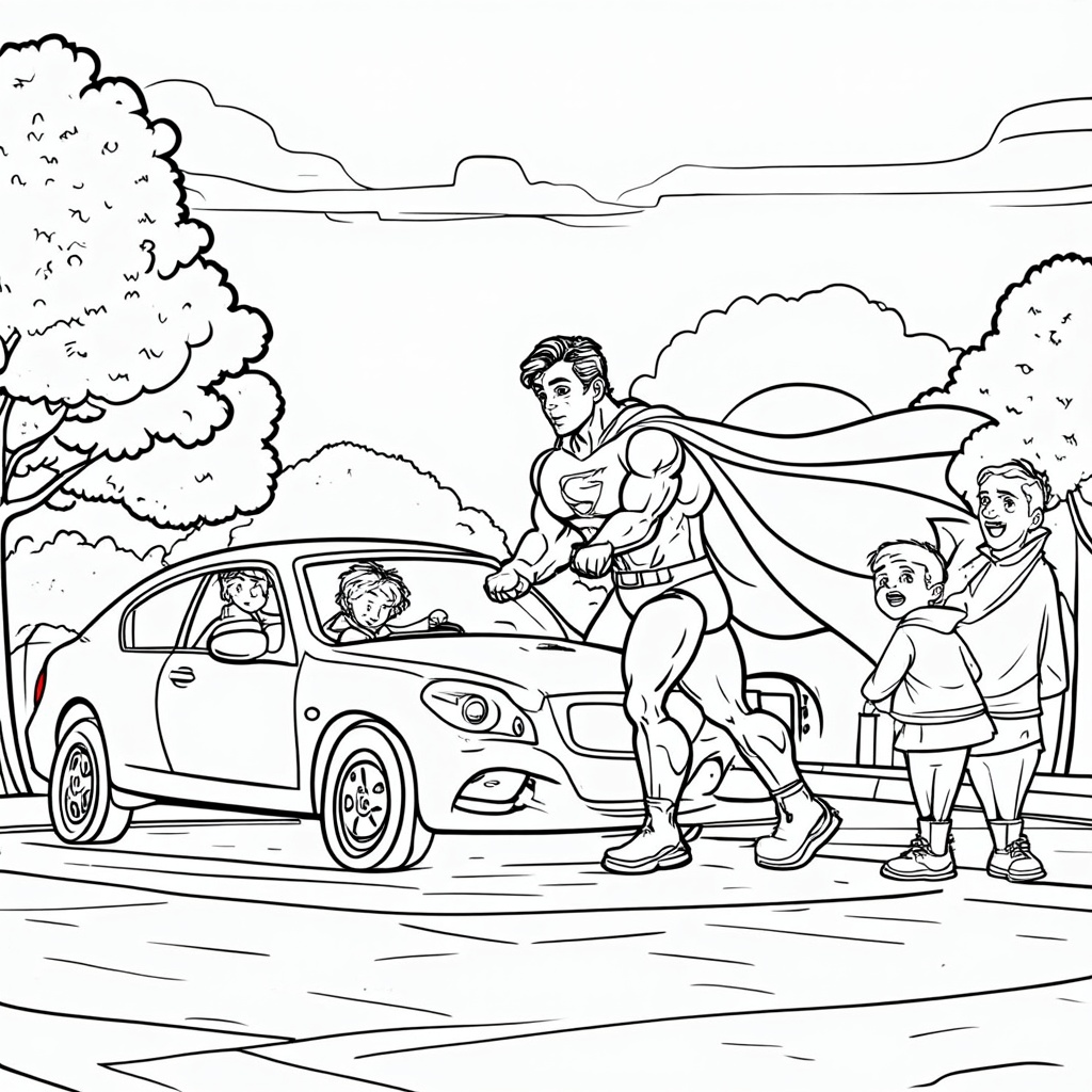 Superhero using super-speed or strength to help someone change a flat tire on their car.