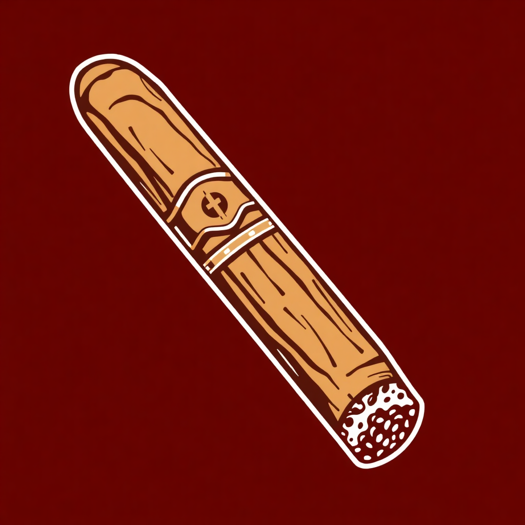 The image is a digital illustration of a cigar. The cigar is in the shape of a long, cylindrical tube with a pointed end. The body of the cigar is made of wood and has a light brown color. On the top of the tube, there is a gold-colored emblem with a cross in the center. The emblem appears to be a stylized letter C and is surrounded by a decorative border. The background of the image is red, making the cigar stand out.