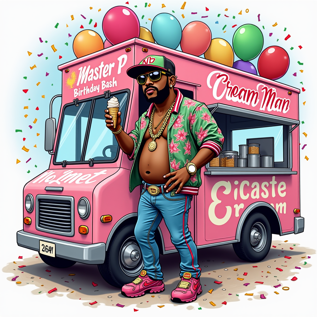 Retro Ice Cream Truck: Master P depicted as a blinged-out ice cream vendor in a custom 'No Limit' branded ice cream truck. The design features 'Master P Birthday Bash' and 'Ice Cream Man B-Day Edition' text, with birthday elements like balloons and confetti.