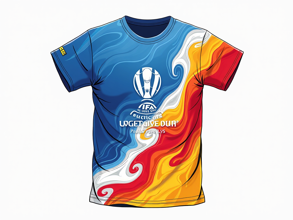 T-shirt featuring dynamic, fluid swirls or marbled patterns that blend the primary colors of multiple participating clubs (e.g., blues, reds, yellows, whites). The FIFA Club World Cup 2025 emblem could be integrated within the abstract flow or placed strategically.