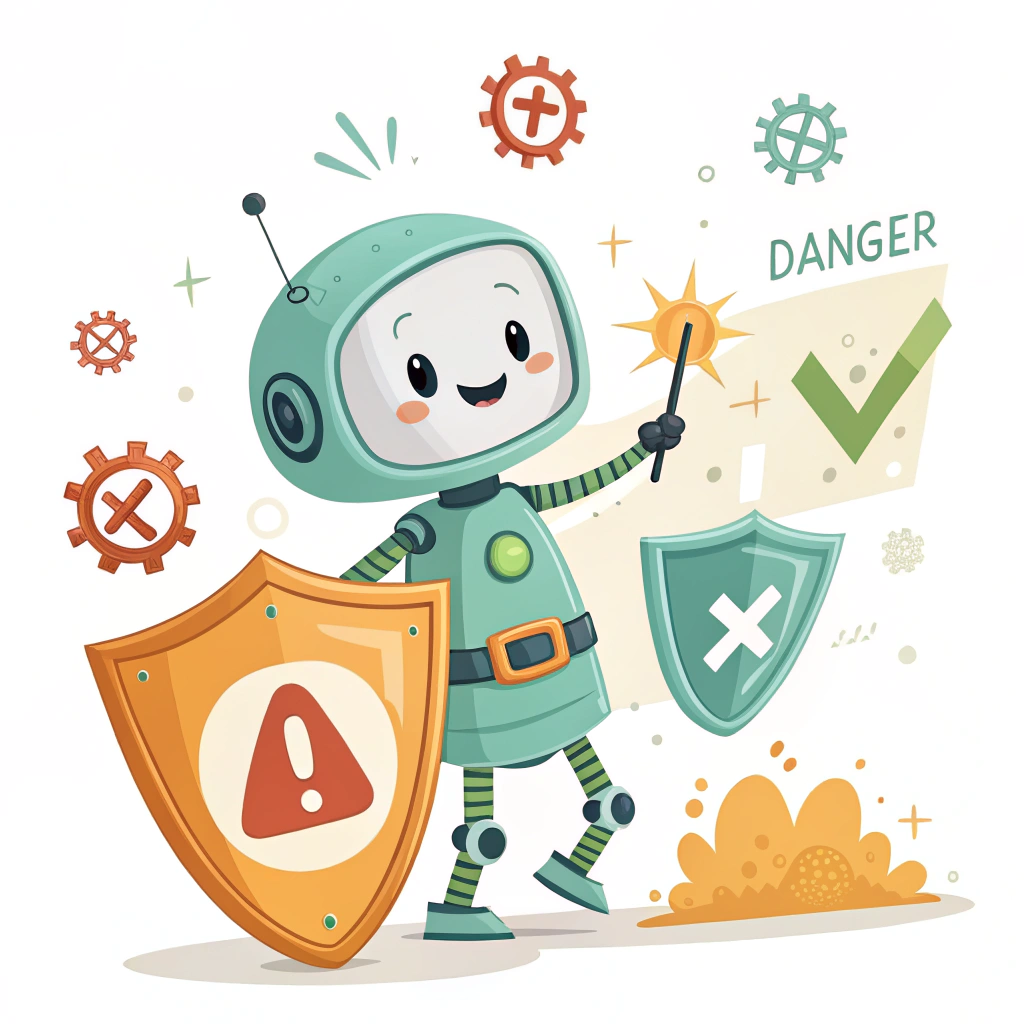 Sub Design Idea 5: 'Guardian Data-Sprite' - A friendly, small character (like a cute robot or an abstract guardian figure) actively deflecting or holding back generic 'danger' symbols (like exclamation marks or broken data icons) from a user profile symbol. Colors: approachable and reassuring, like greens and light oranges.