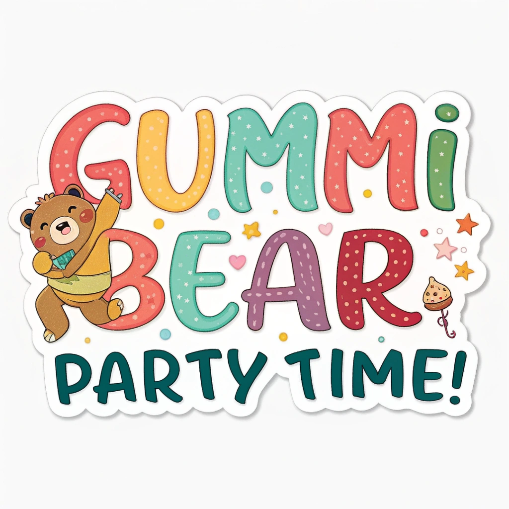 Simple Logo Idea: The phrase 'Gummi Bear Party Time!' written in a playful, bouncy font. A small, smiling Gummi Bear character could be integrated into the lettering, perhaps replacing the 'o' in 'Gummi' or peeking from behind a letter.