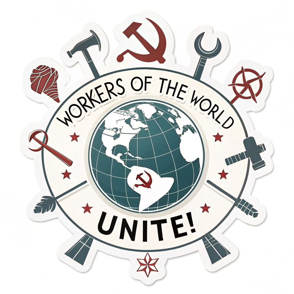 A simplified globe graphic with classic labor symbols (hammer, wrench, sickle) radiating outwards from different continents. The phrase 'Workers of the World, Unite!' arcs around the map.